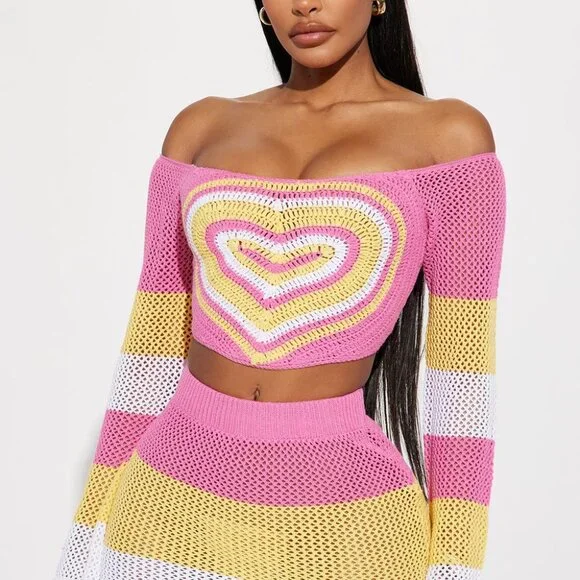 Crochet knit crop top and mini skirt matching set Festival Coachella Club size M - Picture 2 of 11